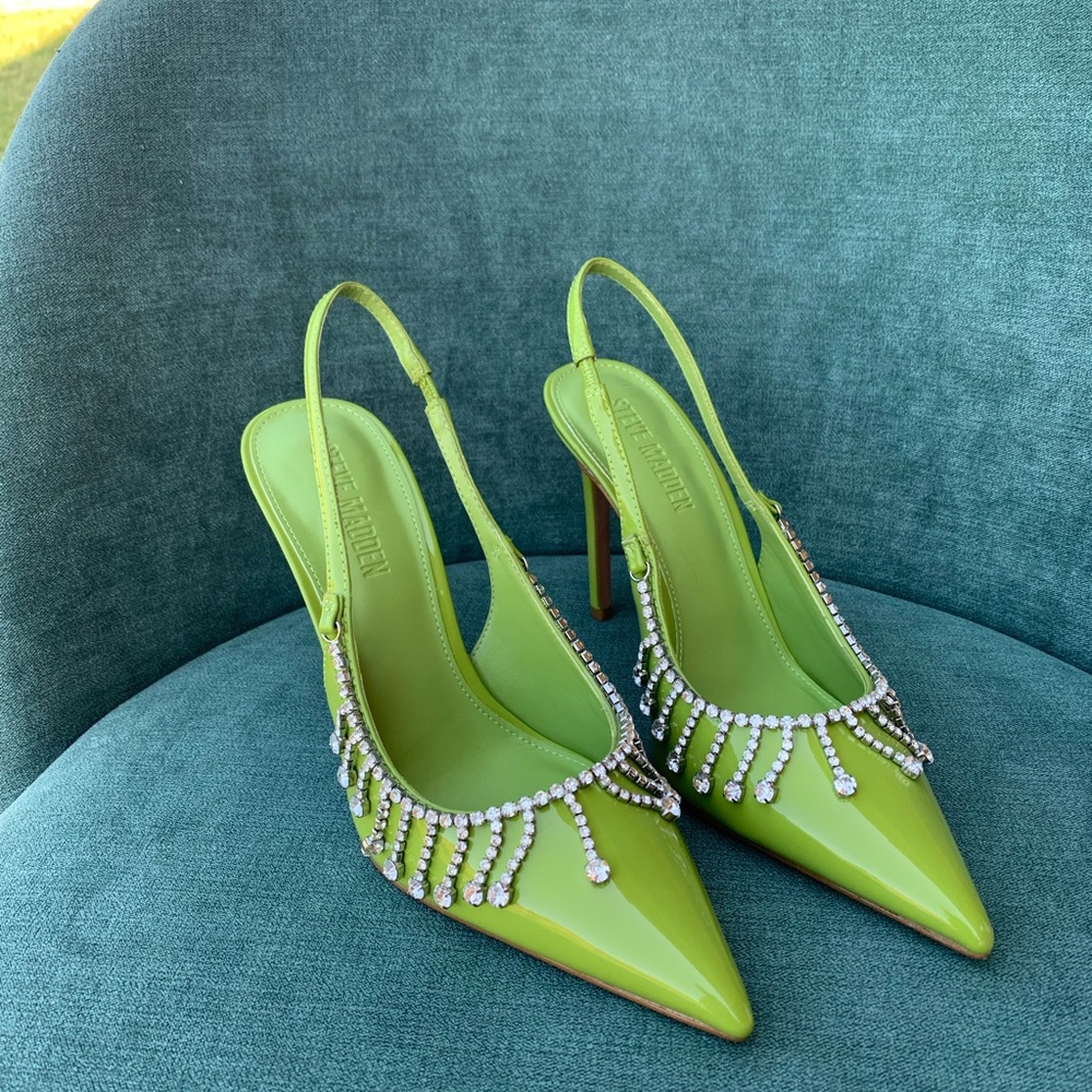 Green Slingback Heels with Crystal Embellishments